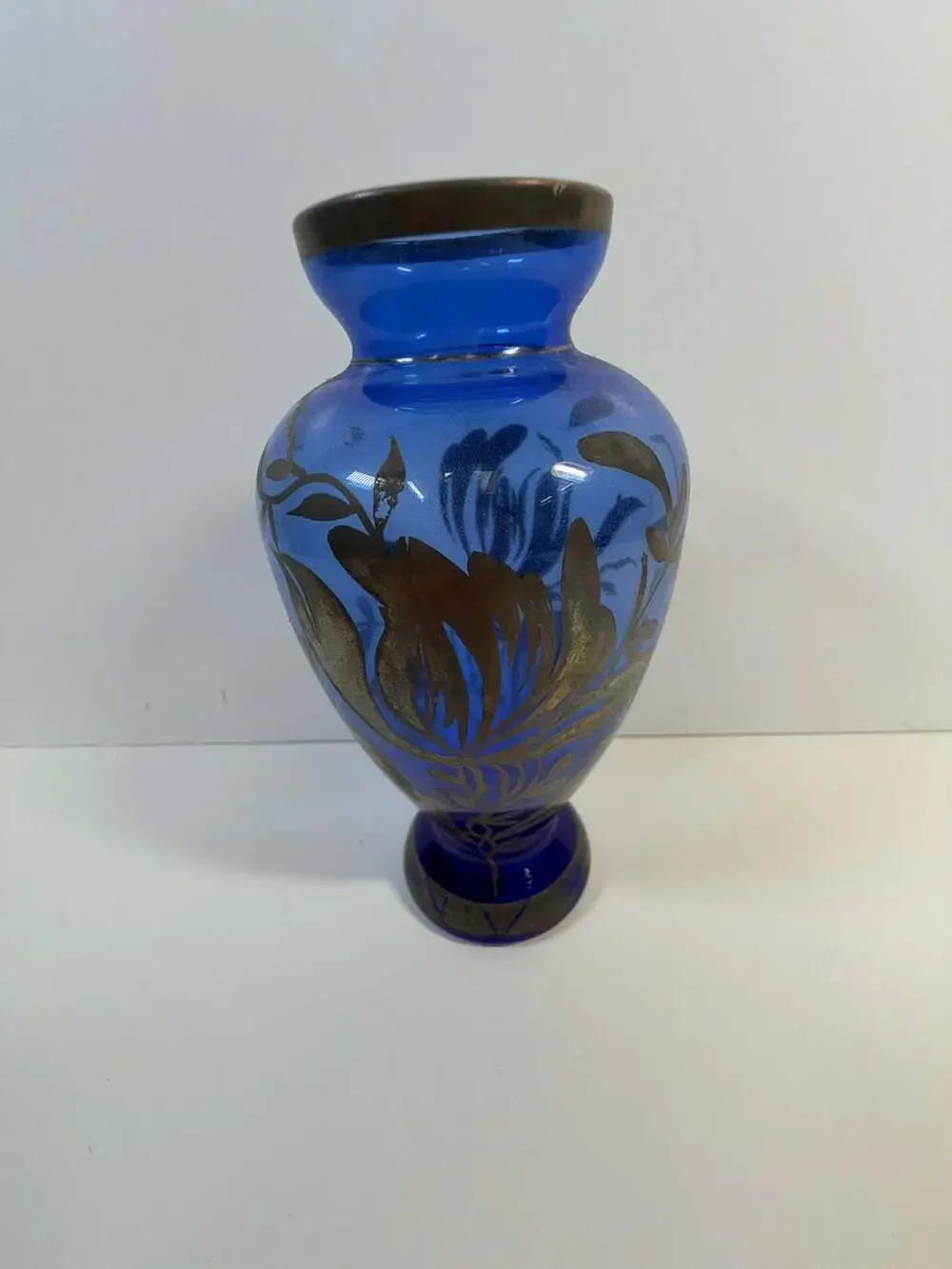Vintage Cobalt Blue Glass Vase with Silver Overlay Floral Design 6.5”